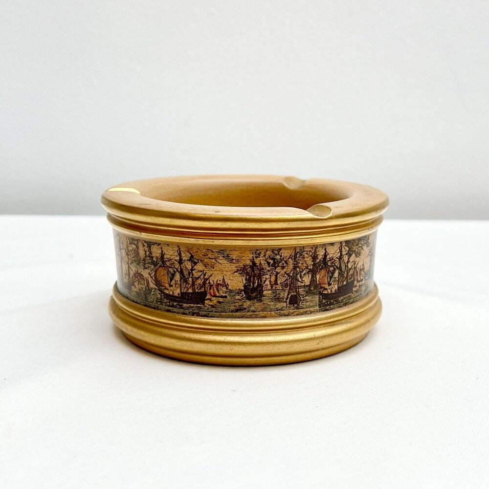Vintage FLORENTINE Ceramic Porcelain Ashtray ITALY Nautical Ship Rare Handmade
